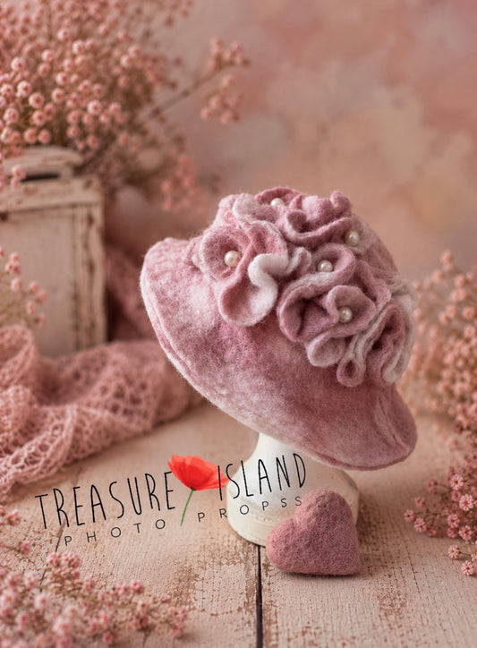 Pink hand-felted floral bonnet with pearl details for newborn and sitter photography