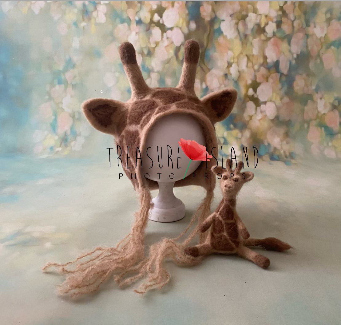 Hand-felted giraffe bonnet with long wool ties and matching felted giraffe photography prop