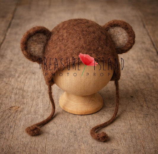 Brown hand-felted monkey bonnet with rounded ears for newborn photography