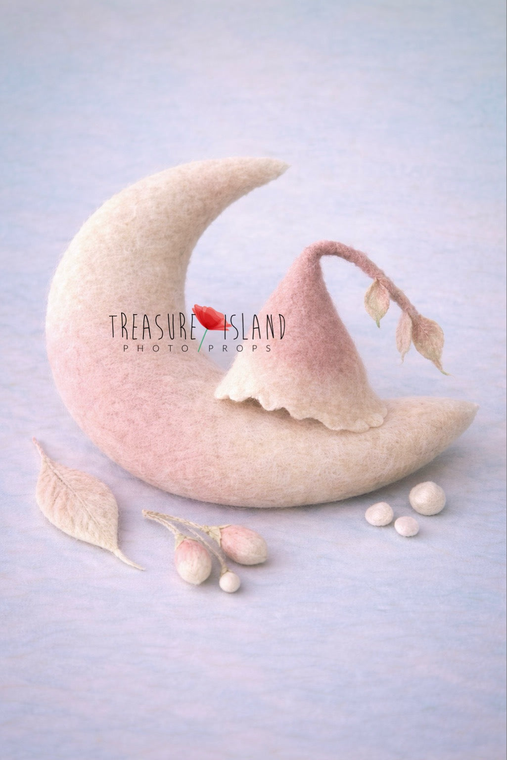 Moon Whisper hand-felted newborn photography set with crescent moon, bonnet and botanical accents