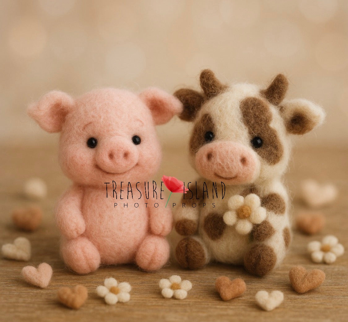 Hand-felted pig and cow with mini hearts and flowers for newborn and sitter photography