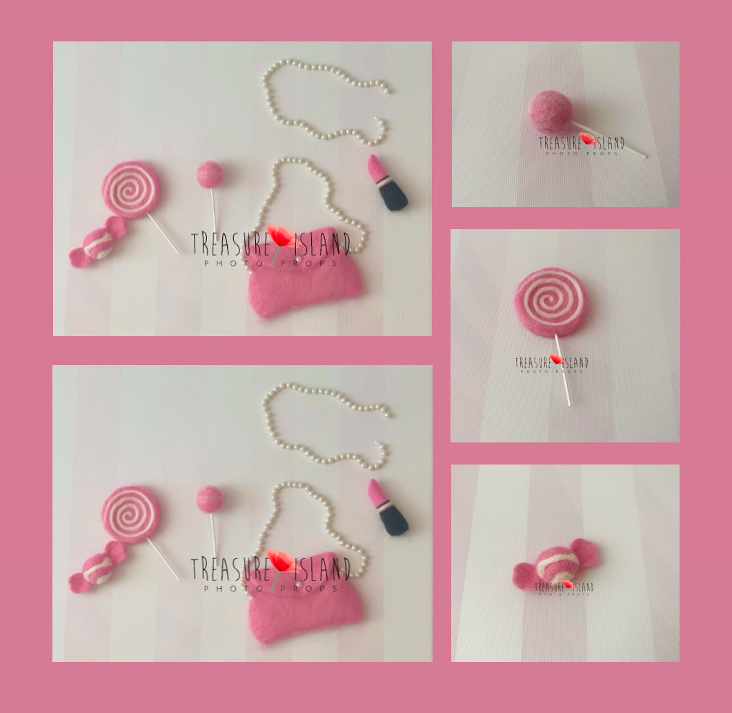 Hand-felted miniature pink accessories for doll-inspired newborn and baby photography