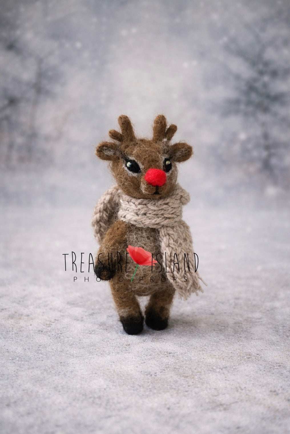 Hand-felted red-nosed reindeer toy with knitted scarf for newborn and Christmas photography