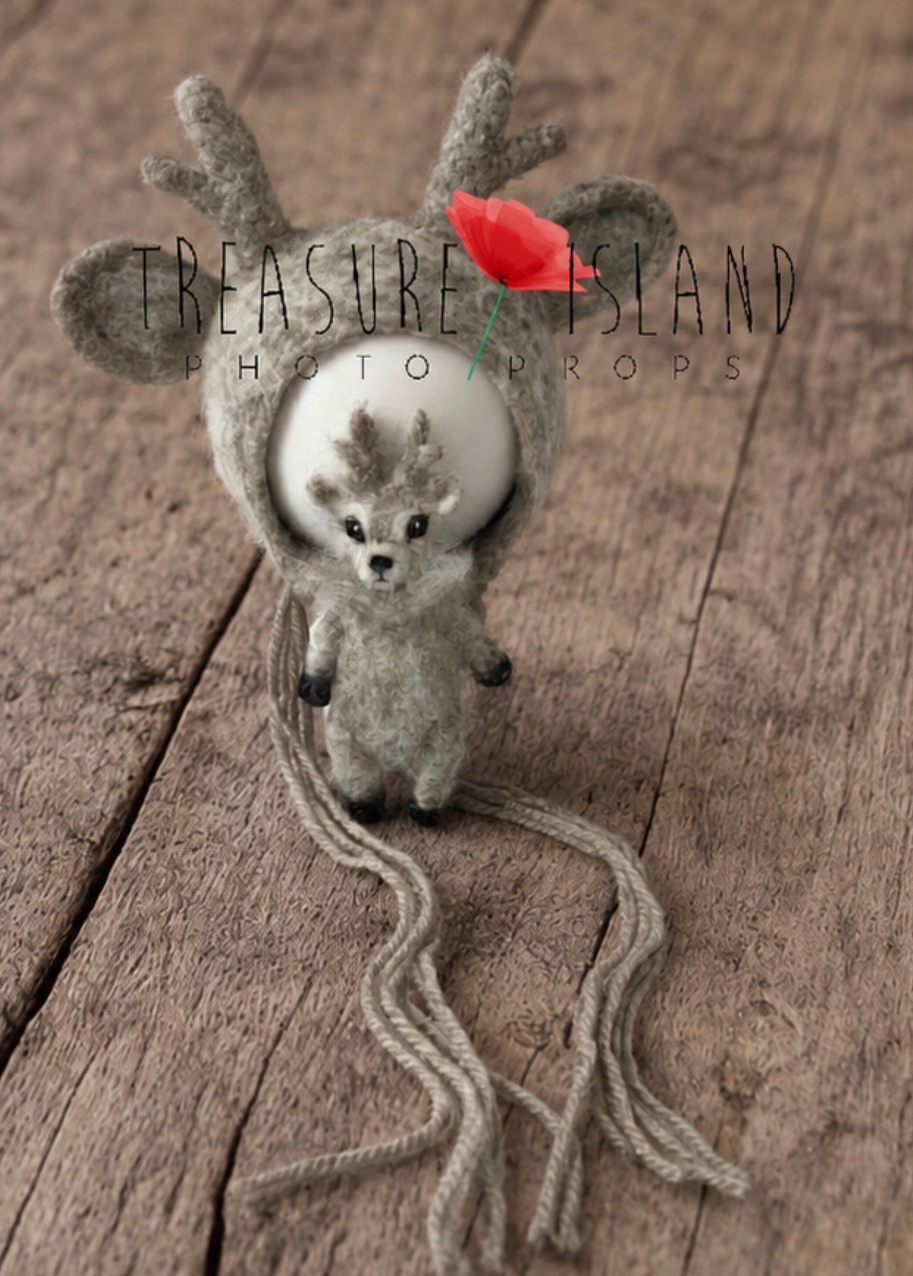 Hand-felted reindeer bonnet with antlers and matching miniature reindeer toy for newborn photography