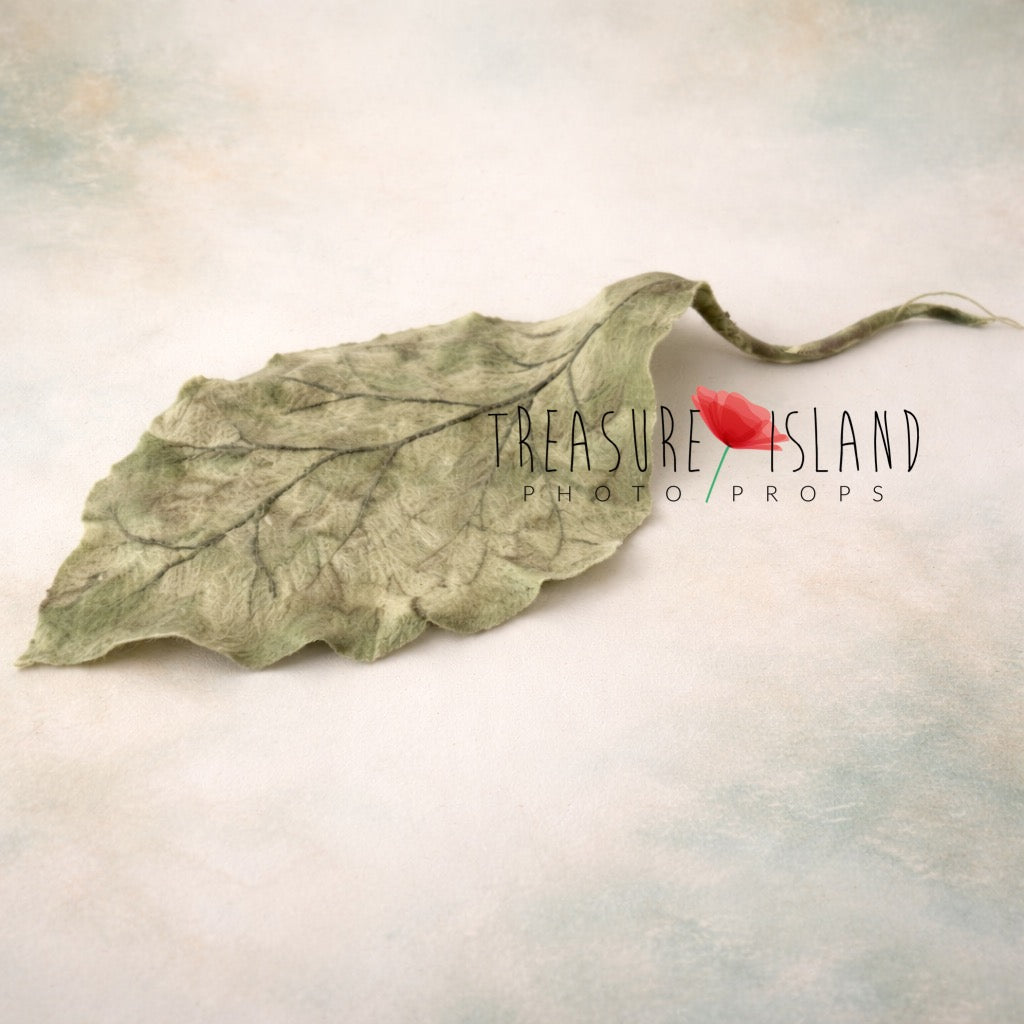 Hand-felted sage botanical leaf photography prop for newborn styling