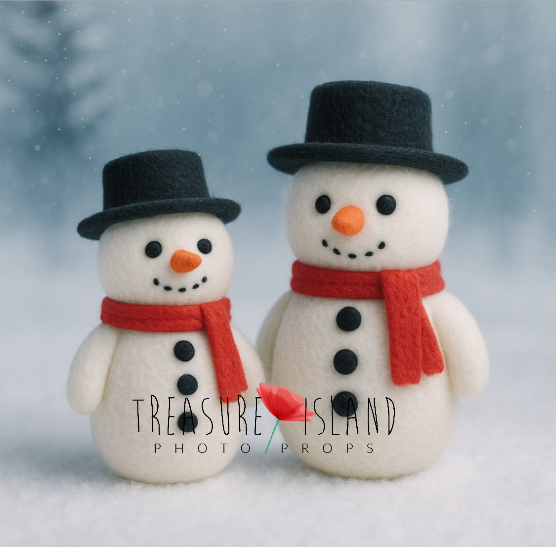Two hand-felted Snowman photography props in newborn and sitter sizes with black hats and red scarves