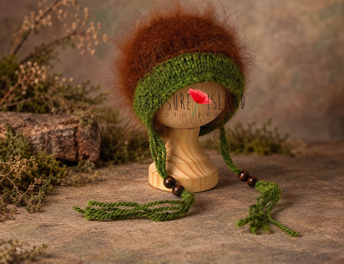 Woodland photography bonnet with fluffy brown crown, green knitted band and wooden bead ties