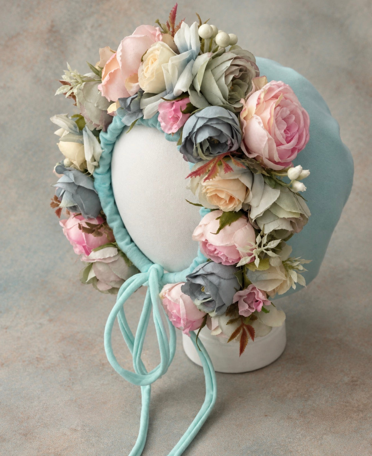 Handmade aqua and blush flower bonnet with long ties for Cake Smash, sitter and fine art photography