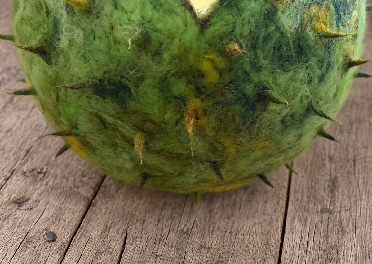 Organic green hand-felted wool texture on chestnut shell newborn photography prop