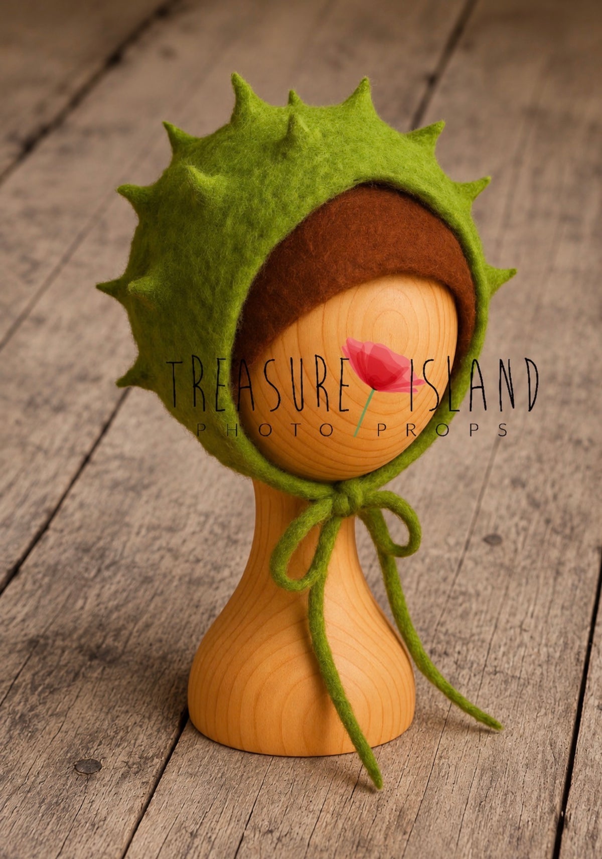 Handmade felted chestnut bonnet with green spiky shell for newborn photography