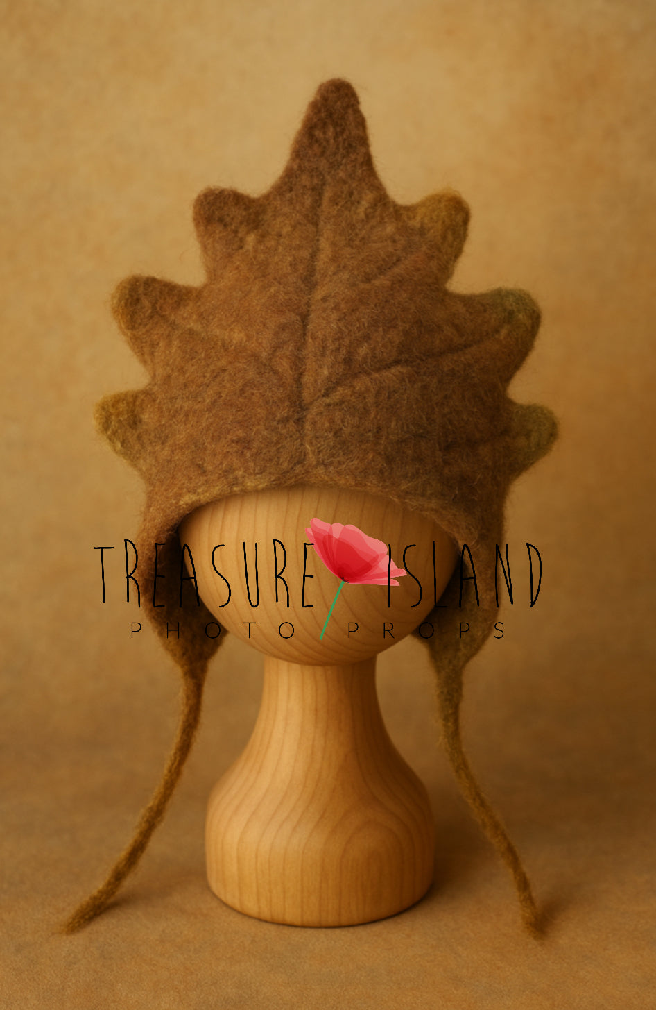 Handmade felted Oak Leaf Bonnet in brown merino wool for newborn and sitter woodland photography