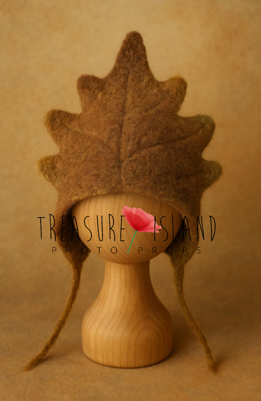 Handmade felted Oak Leaf Bonnet in brown merino wool for newborn and sitter woodland photography