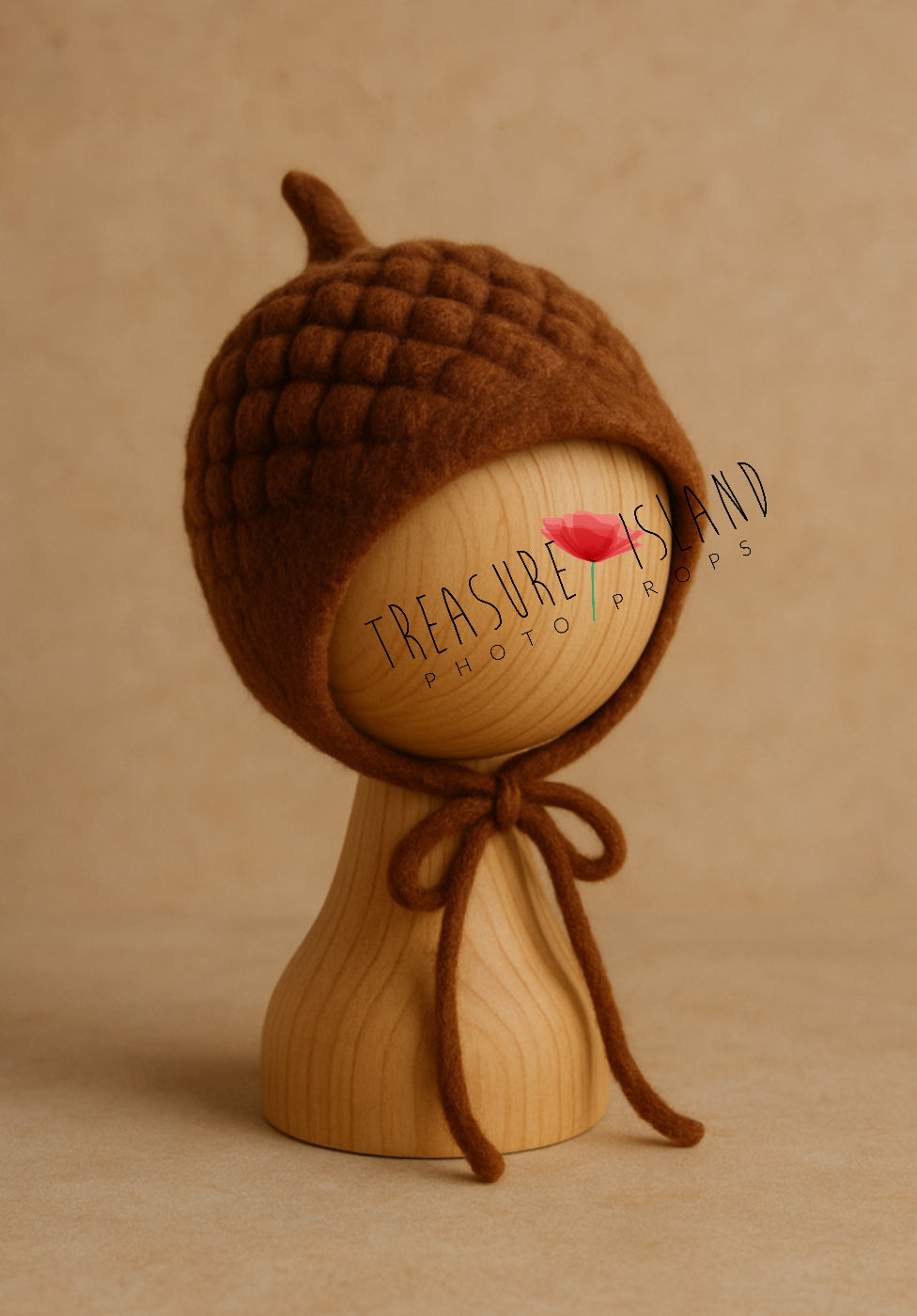 Handmade textured felted Acorn Bonnet in brown merino wool for newborn and sitter autumn photography