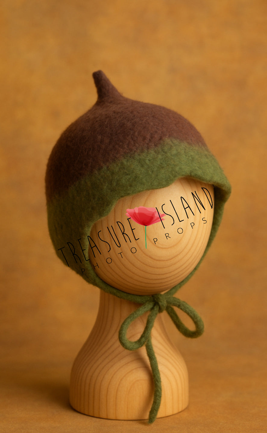 Handmade felted Woodland Acorn Bonnet in brown and moss green merino wool for newborn photography