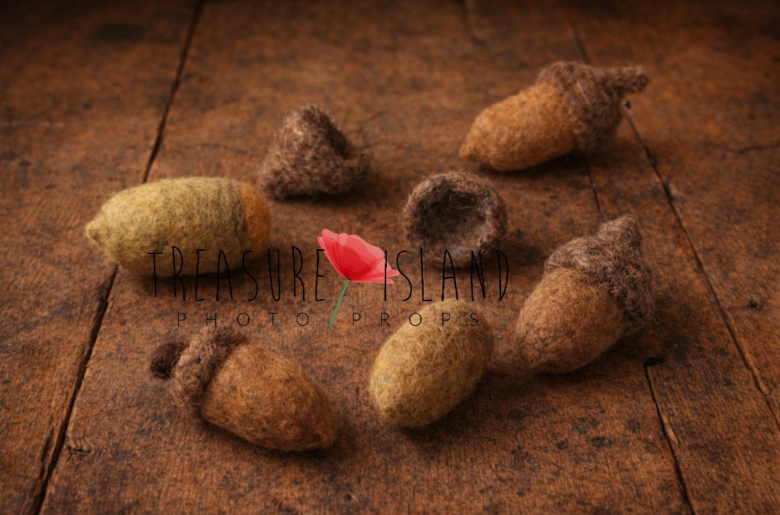 Handmade felted woodland acorn set in natural brown and earthy wool tones for autumn photography