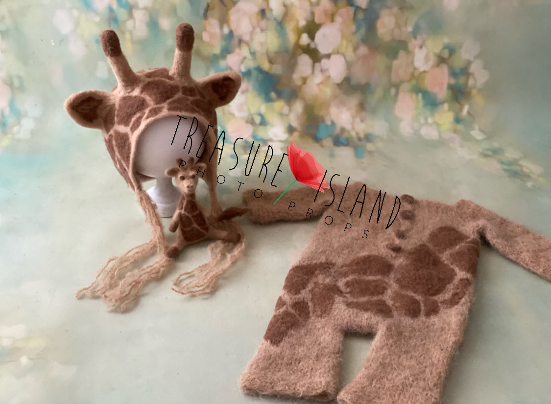 Handmade giraffe bonnet and romper with felted giraffe for newborn and sitter photography