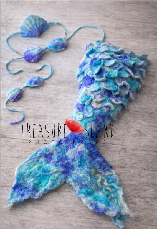 Ocean Aurora handmade felted mermaid tail with shell top and shell headband