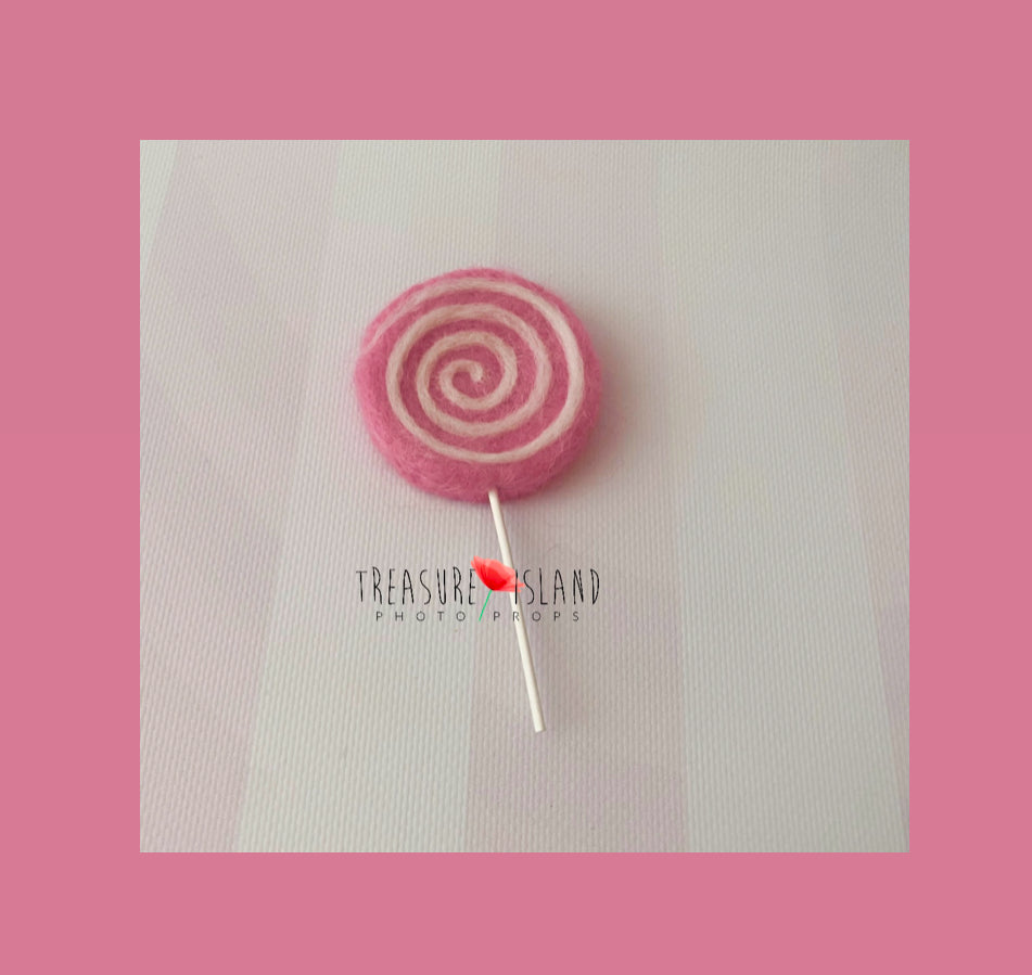 Handmade miniature felt swirly lollipop for doll-inspired photography styling