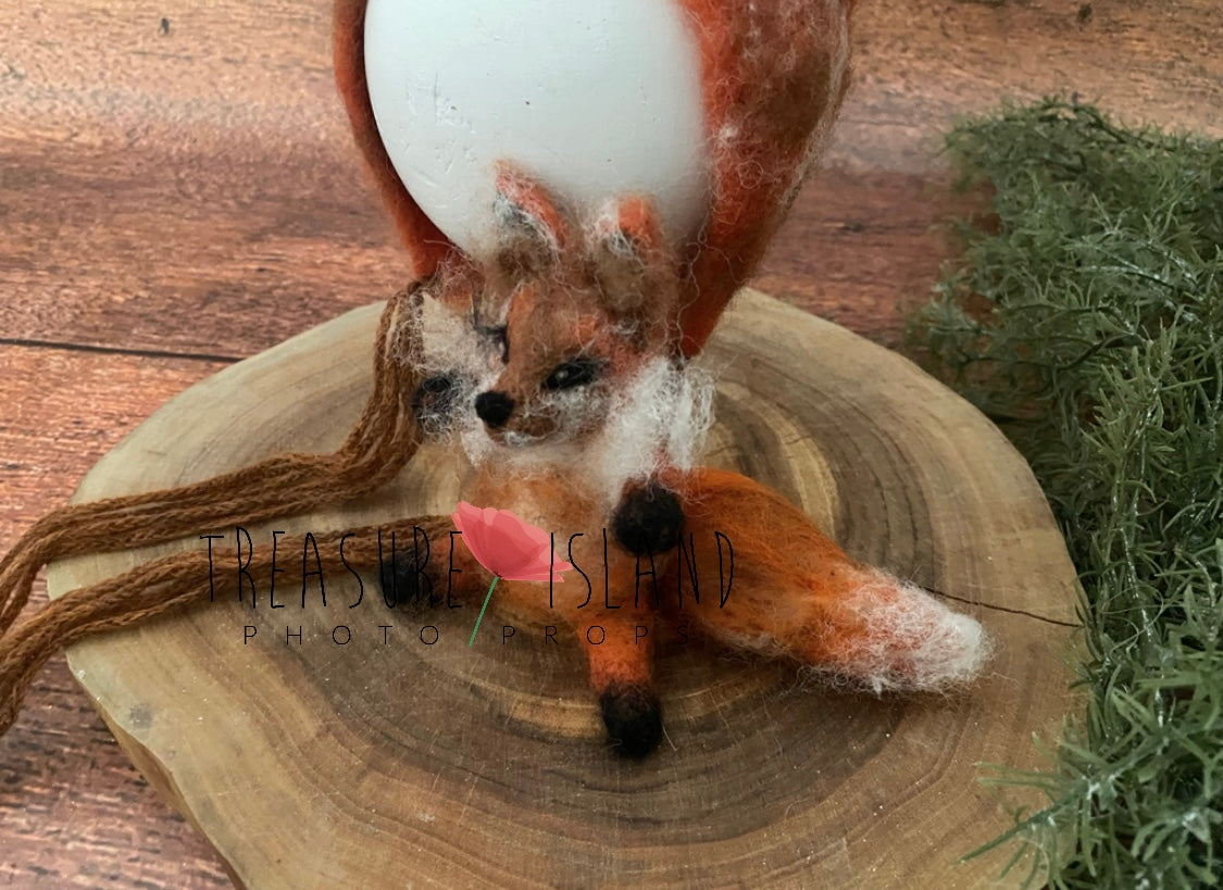 Modern handmade fox hat with felted fox toy in rust brown and cream woodland colours