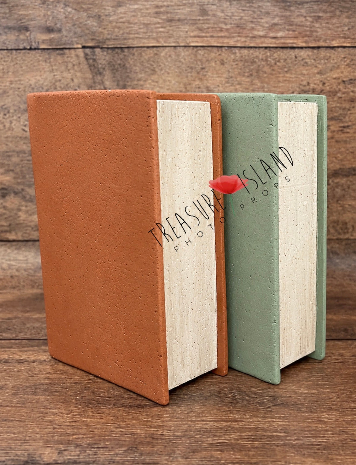 Two giant handmade styrofoam books standing upright in warm terracotta and muted sage green, with cream-colored page edges for school photography