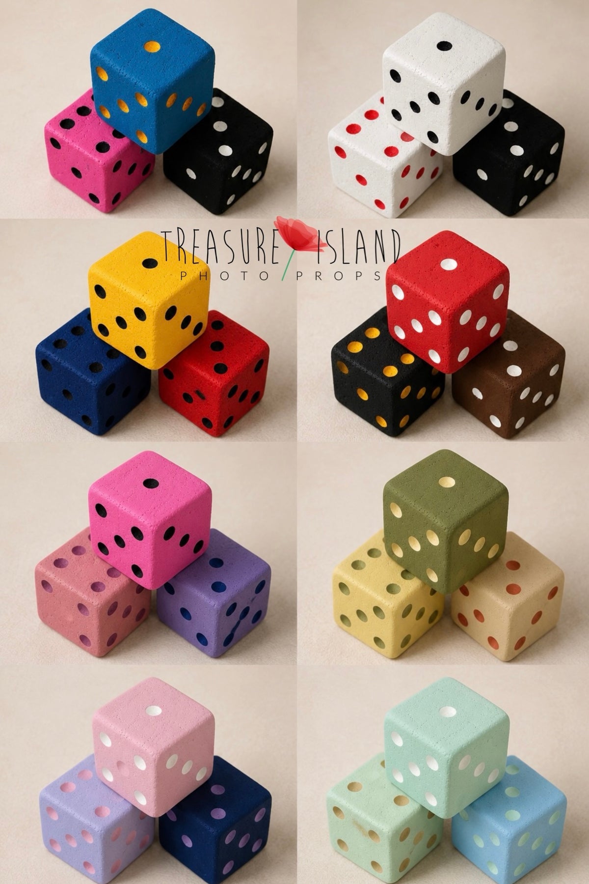 Eight colour combinations of handmade Styrofoam dice arranged in groups of three, featuring bright, pastel and earthy palettes for creative photography setups.