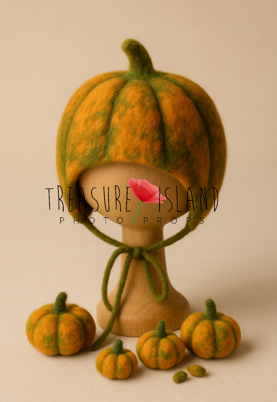 Heirloom harvest pumpkin bonnet with matching felted pumpkins for newborn and sitter photography