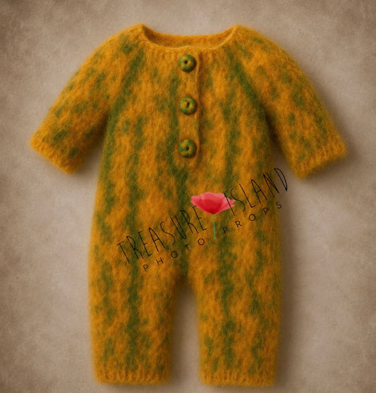 Heirloom harvest pumpkin knitted romper in orange and botanical green for newborn and sitter photography