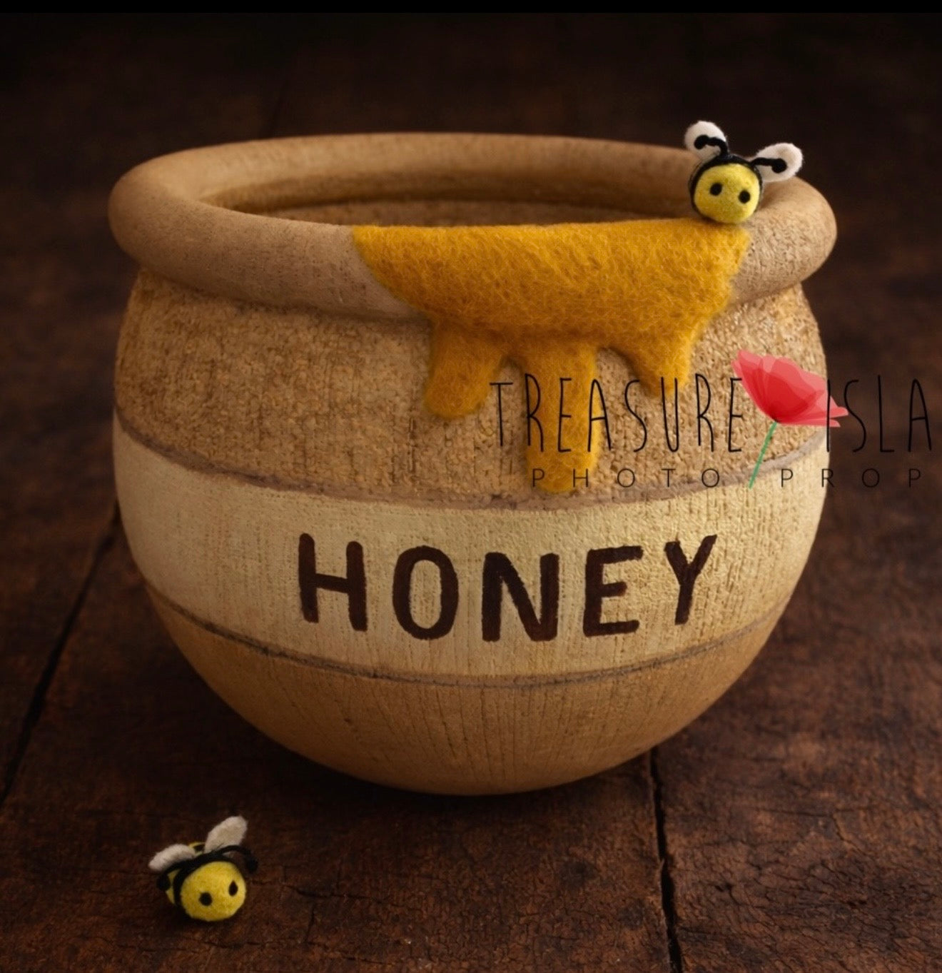 Styrofoam honey barrel with felted bee and honey details for newborn photography