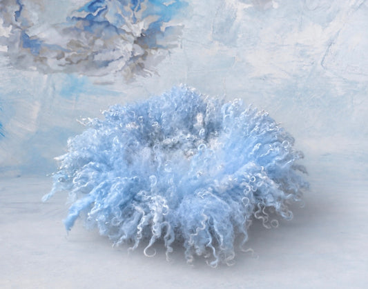 Ice blue curly wool blanket with natural sheep curls for newborn and sitter photography.