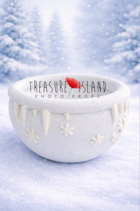 White Ice Land styrofoam photography bowl decorated with handmade felt icicles and snowflakes