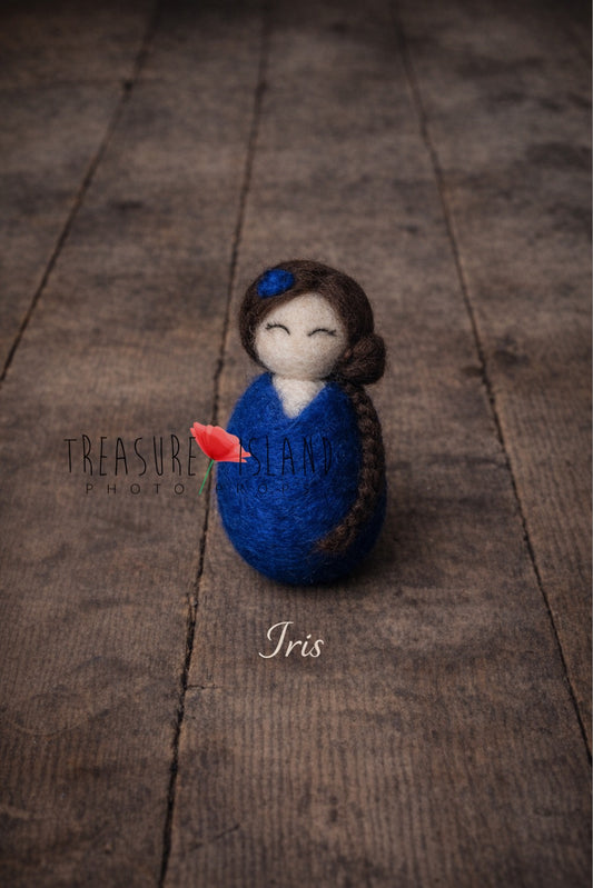 Iris royal blue hand-felted mini doll with braided hair for newborn photography