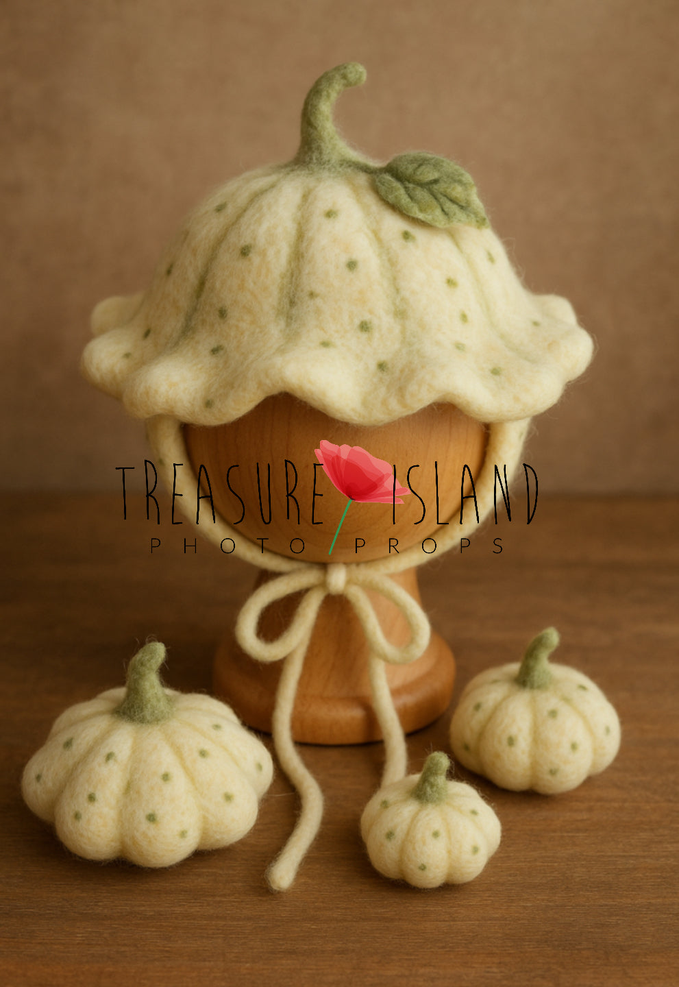 Ivory pumpkin bonnet with mini felted pumpkins for newborn and sitter autumn photography