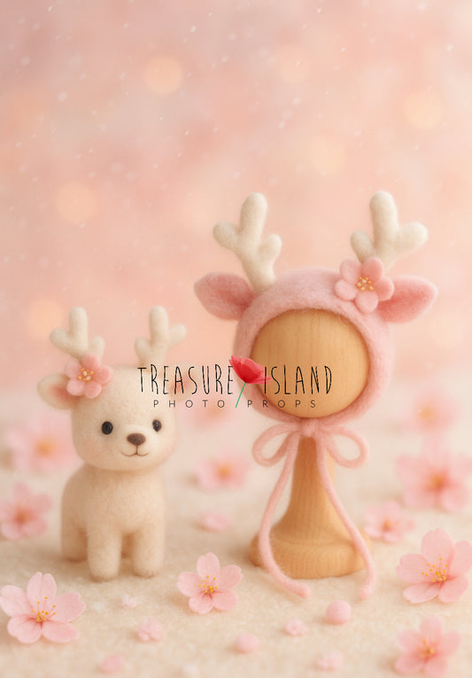 Kawaii Sakura felted reindeer bonnet and miniature reindeer newborn photography props