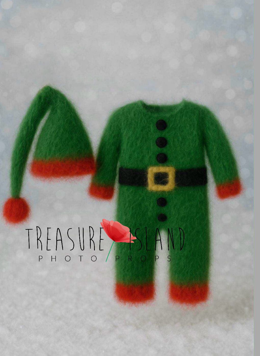 Green knitted Elf romper and long pixie hat set with red accents for newborn and sitter Christmas photography