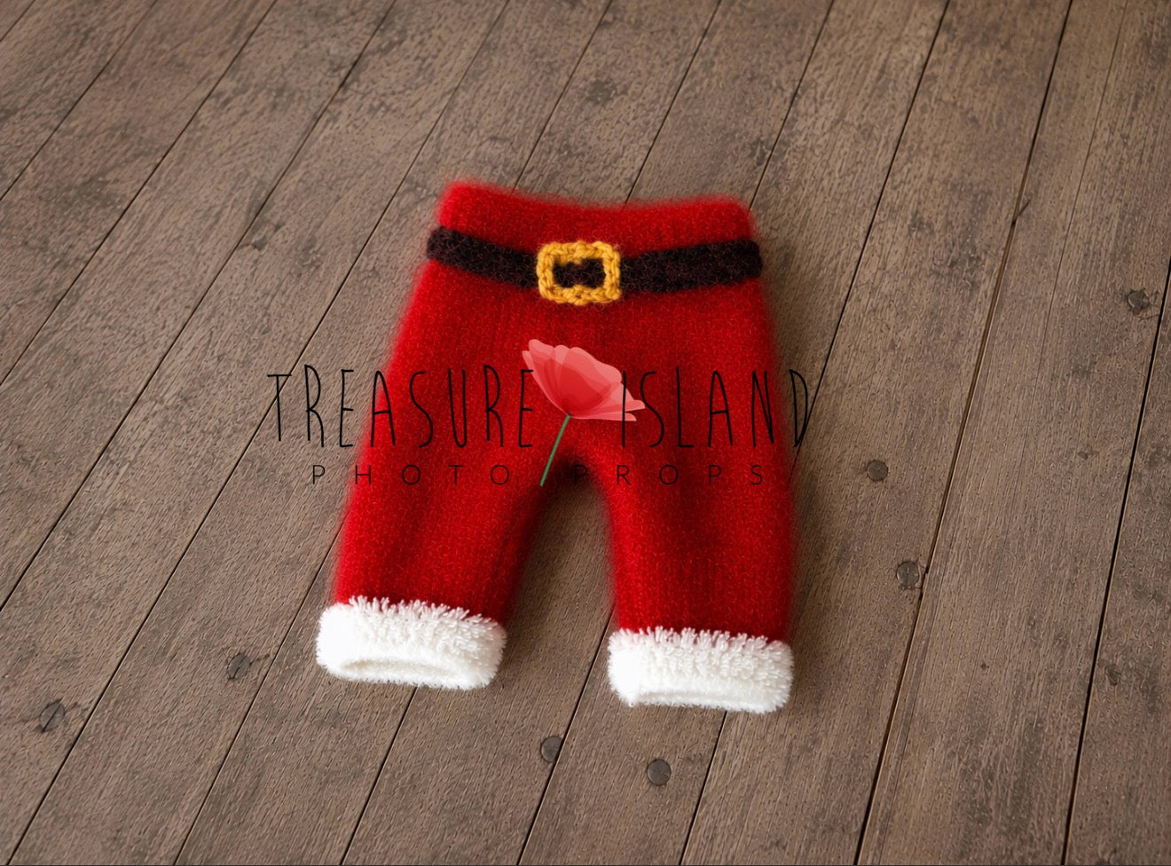Red knitted Santa pants with fluffy white cuffs, black belt and golden buckle for newborn photography