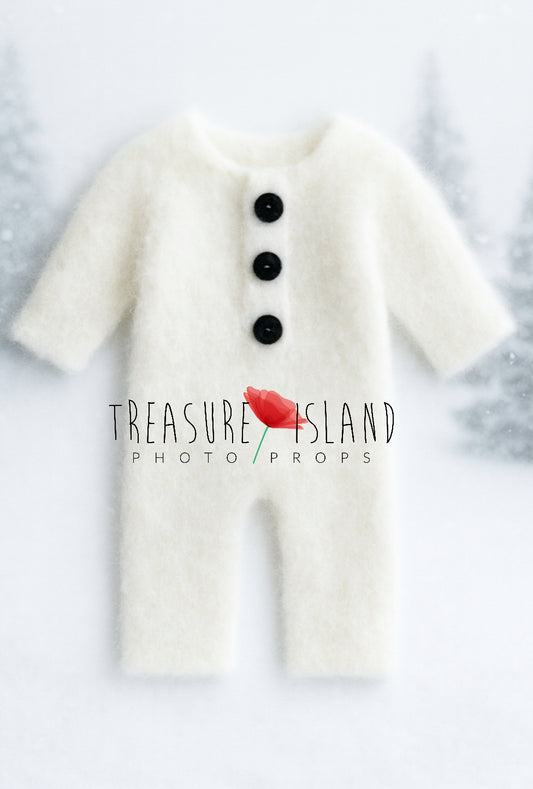 White hand-knitted Snowman romper with three black felted buttons for newborn and sitter winter photography