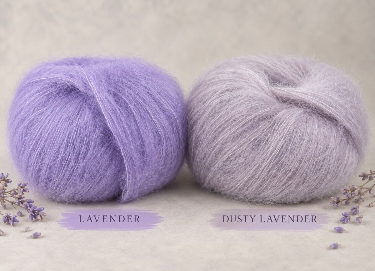 Mohair and silk yarn colour comparison showing Lavender and Dusty Lavender shades