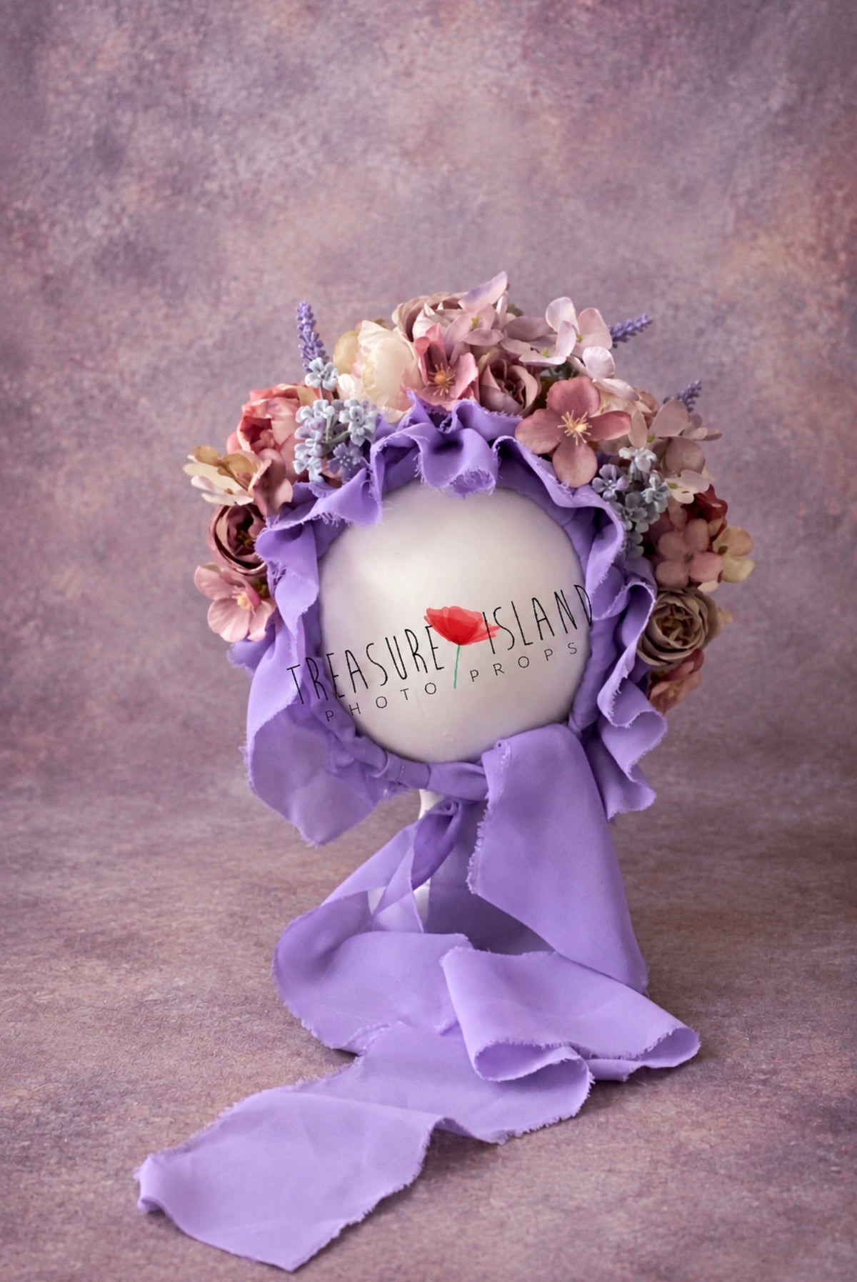Lavender Garden floral bonnet with blush, mauve and purple artificial flowers for newborn and sitter photography