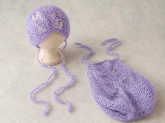 Hand-knitted lavender openwork bonnet and matching baby photography outfit with delicate ties