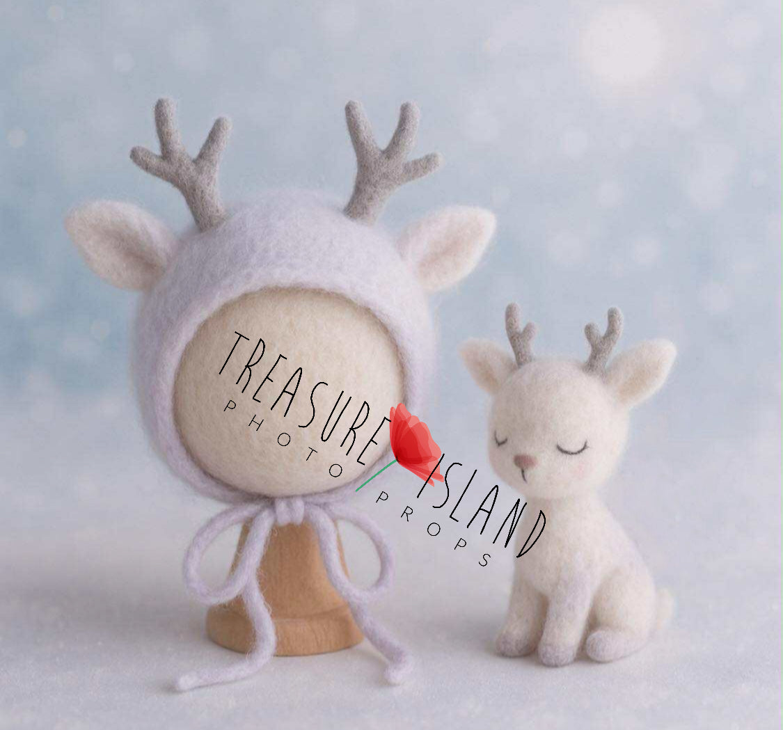 Lilac felted reindeer bonnet with miniature white reindeer for newborn photography