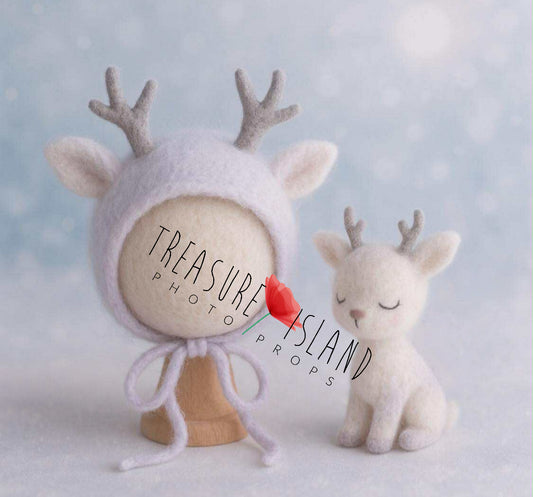 Lilac felted reindeer bonnet with miniature white reindeer for newborn photography
