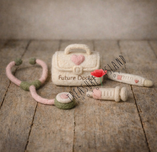 Handmade felt Little Doctor newborn photography prop set with medical bag, stethoscope, syringe and thermometer in cream, olive and pastel pink