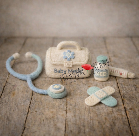 Handmade felt Little Doctor Sweet Care newborn photography props in cream, blue and mint with medical bag, stethoscope, medicine bottle, thermometer and plasters