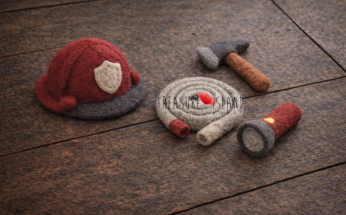 Hand-felted Little Firefighter newborn photography set with helmet, axe, flashlight and rolled fire hose