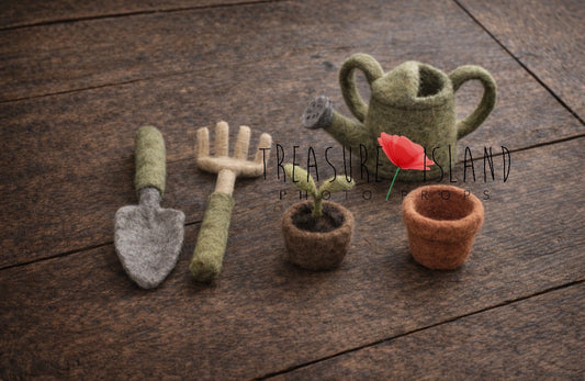 Hand-felted Little Gardener newborn photography props with watering can, rake, spade and flower pots