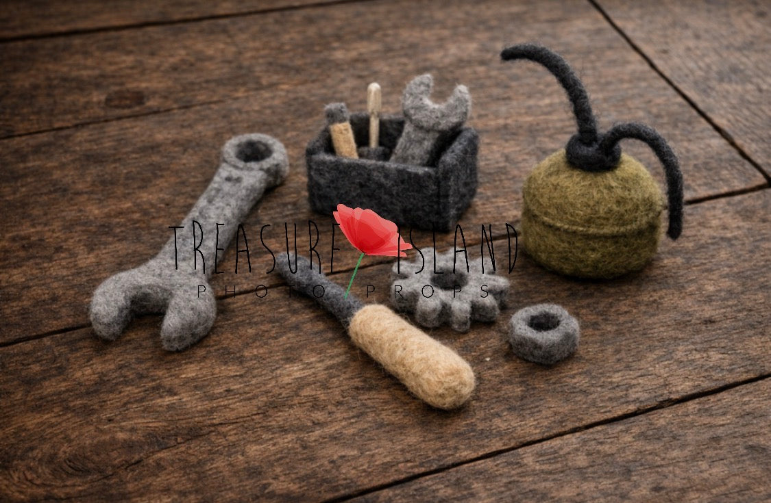 Hand-felted Little Mechanic newborn photography props with miniature tools, toolbox and olive oil can