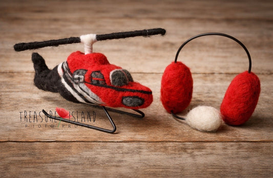 Hand-felted rescue helicopter and pilot headphones for newborn photography