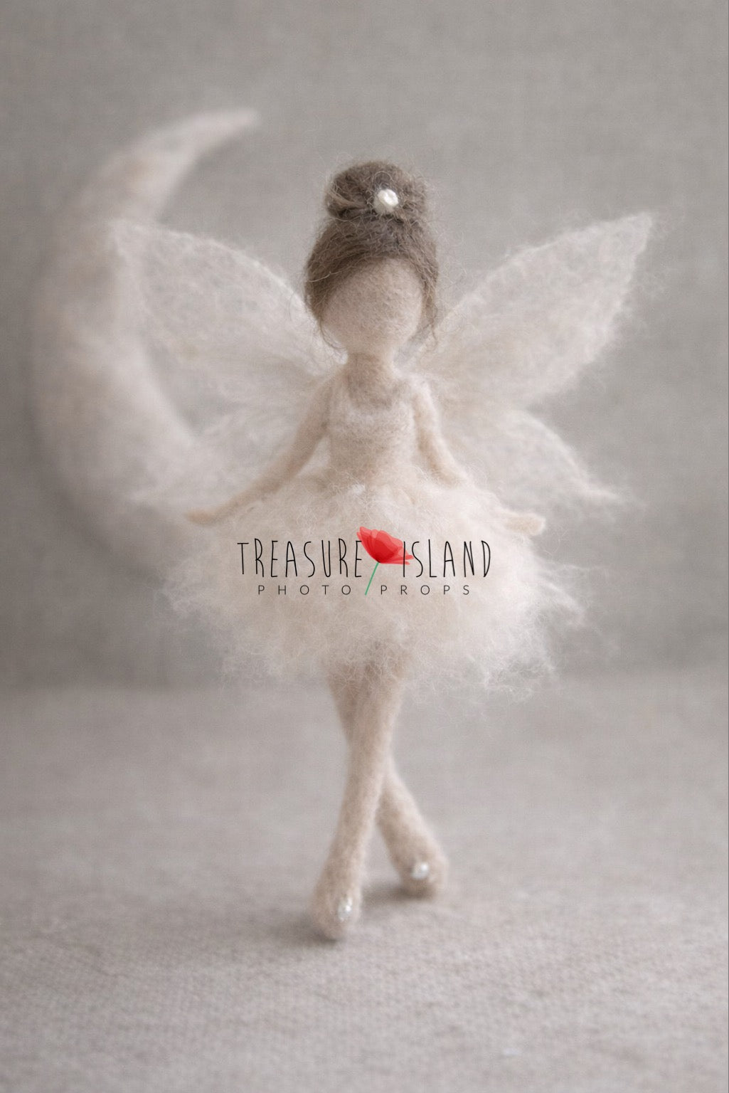 Lunaria Moon Fairy hand-felted in soft neutral wool with airy wings for fine art newborn photography