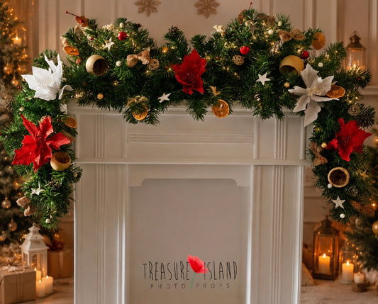 Luxury 150 cm Christmas garland styled on a fireplace for festive photography sessions