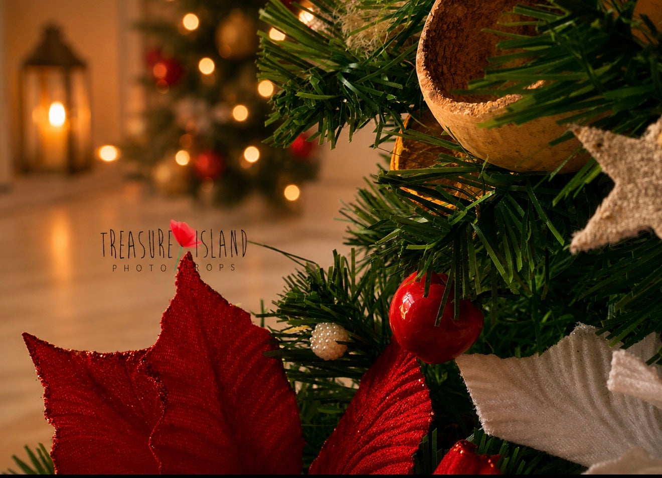 Luxury holiday garland detail with evergreen foliage, rustic ornaments and warm Christmas lights